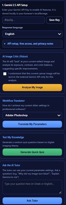 AI Tutor panel with API setup, image critic, workflow translator, quiz, and ask tutor sections
