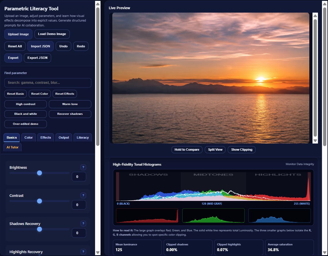 Enhanced interface of the Parametric Literacy Tool with demo image, controls, histogram, and metrics