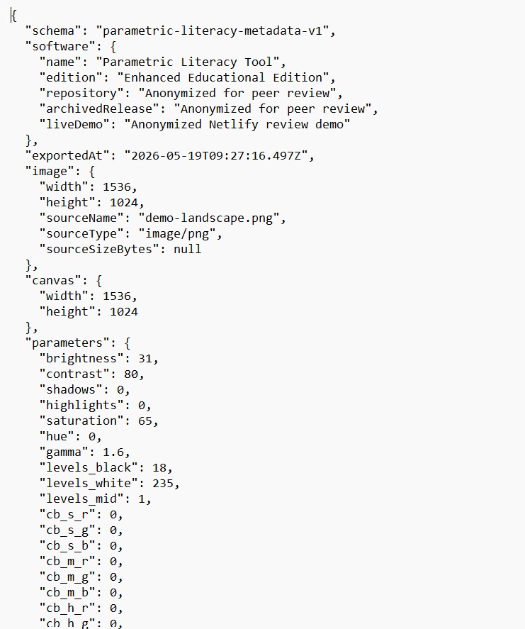 JSON metadata export showing software information, demo image metadata, canvas dimensions, and parameter values